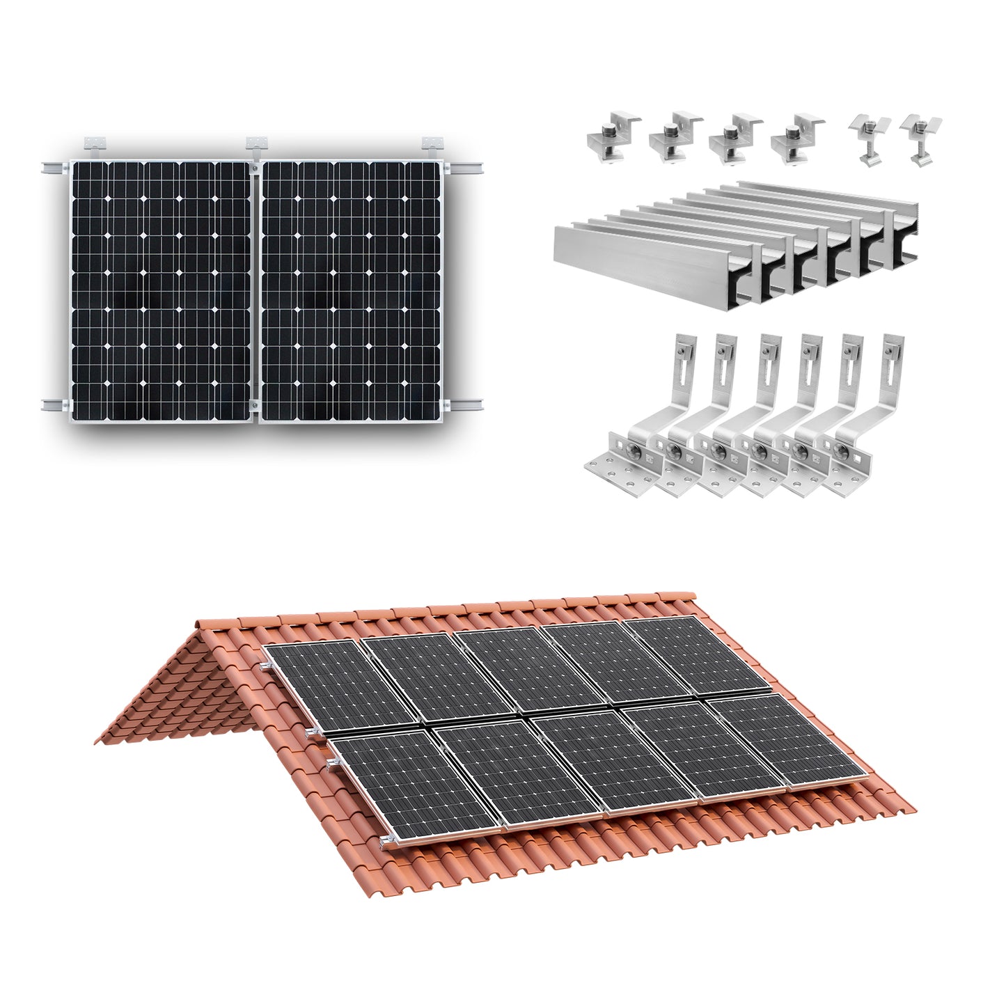 PV Montageset Ziegeldach Glasziegeldach, Befestigung Solarmodul Halterung  Photovoltaik Montageschiene und Dachhaken, Solarpanel Halterung mit Endklemme, für 30~35mm  Solarmodule