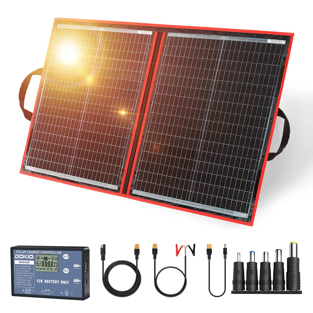 Dokio 18V 100/160/200/300 W tragbares faltbares Solarpanel mit 12V-Controller zum Aufladen der Batterie, geeignet für Camp