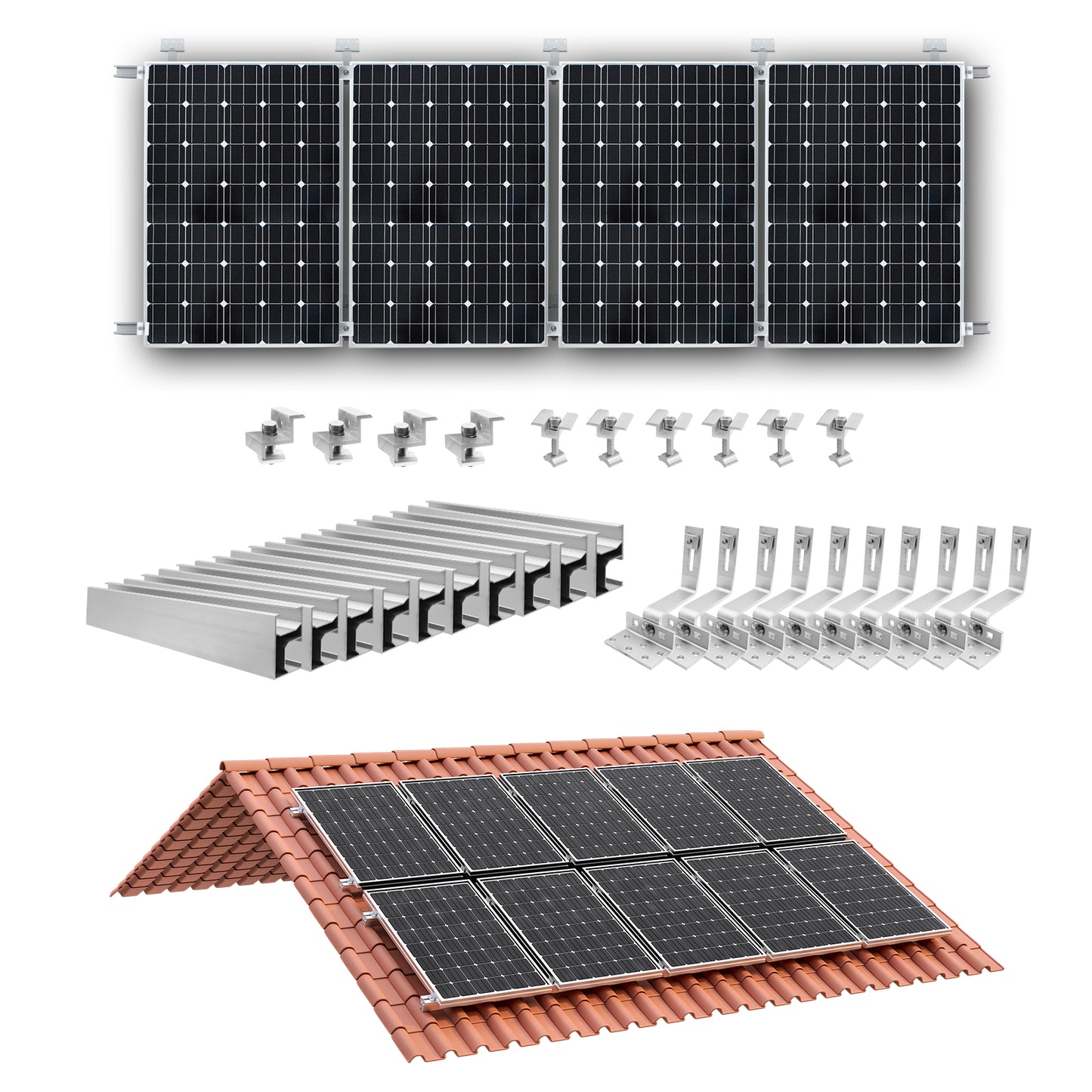 PV Montageset Ziegeldach Glasziegeldach, Befestigung Solarmodul Halterung  Photovoltaik Montageschiene und Dachhaken, Solarpanel Halterung mit Endklemme, für 30~35mm  Solarmodule