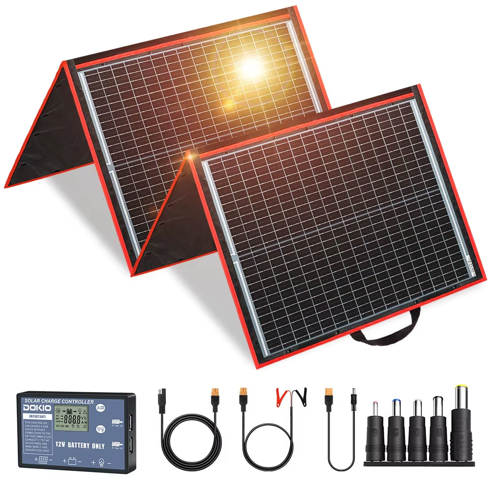 Dokio 18V 100/160/200/300 W tragbares faltbares Solarpanel mit 12V-Controller zum Aufladen der Batterie, geeignet für Camp