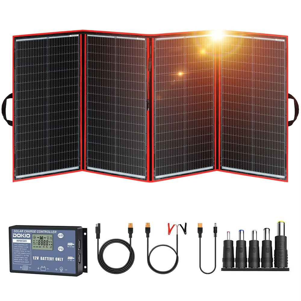 Dokio 18V 100/160/200/300 W tragbares faltbares Solarpanel mit 12V-Controller zum Aufladen der Batterie, geeignet für Camp