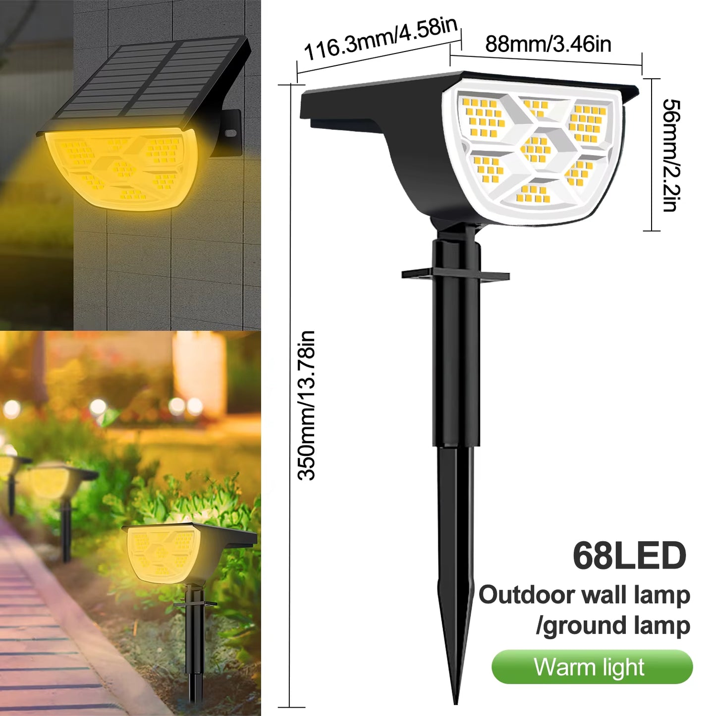 72/68 LED-Solar-Landschaftsbeleuchtung für den Außenbereich, IP65, wasserdichtes Solarlicht mit 3 Modi, Solar-Gartenscheinwerfer für Hof, Rasen, Gehweg