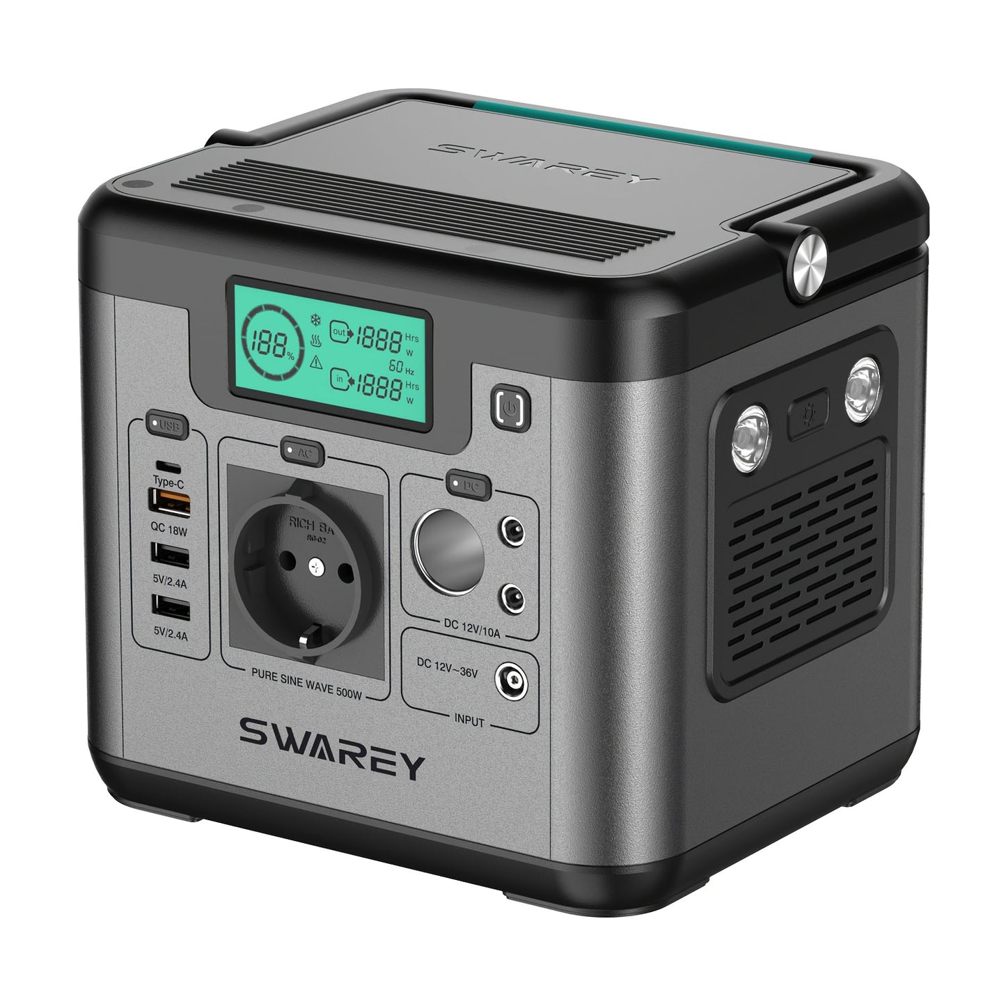 Tragbare Powerbank SWAREY, Stromstation 518 Wh, Solar Generator mit 500 W AC-Ausgang, USB-C-Port 65 W, Energiegenerator für Partys, Reisen, Camping, Wohnmobil, Notfall