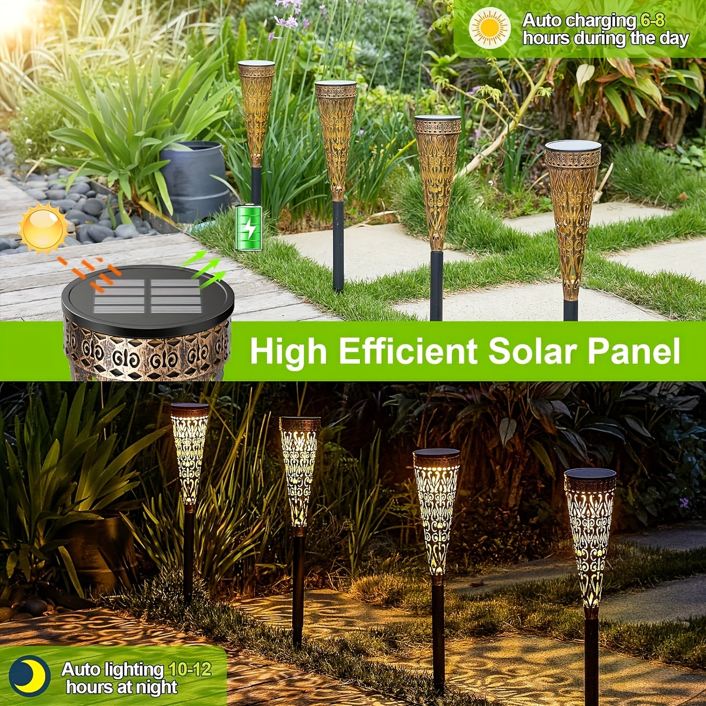 4er-Pack Metall-LED-Solarleuchten, IPX5 Wasserdichte Solarlampen für Garten-Dekoration außenbezüglich zur Beleuchtung von Wegen, Balkon und Terrasse