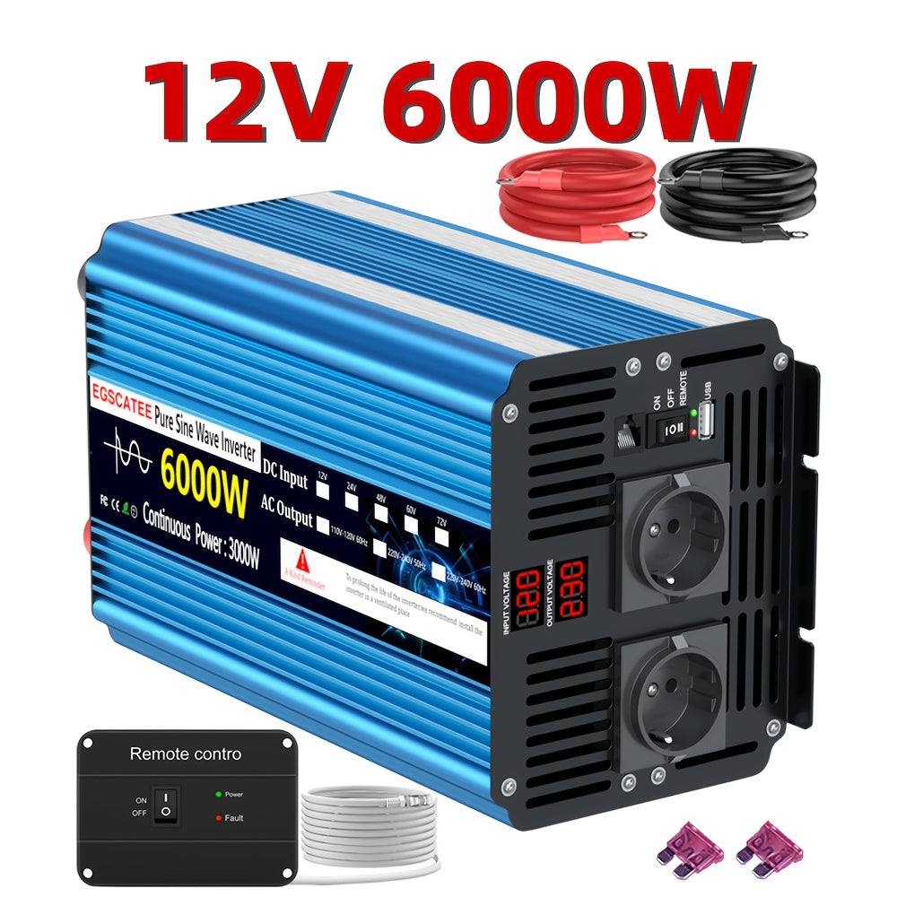 3000W 4000W 5000W 6000W DC12V 24V auf 220V Reiner Sinus Wechselrichter Konverter mit EU Steckdose und LCD Fernbedienung für Auto, Wohnmobil und Solarpanel, Ohne Batterie